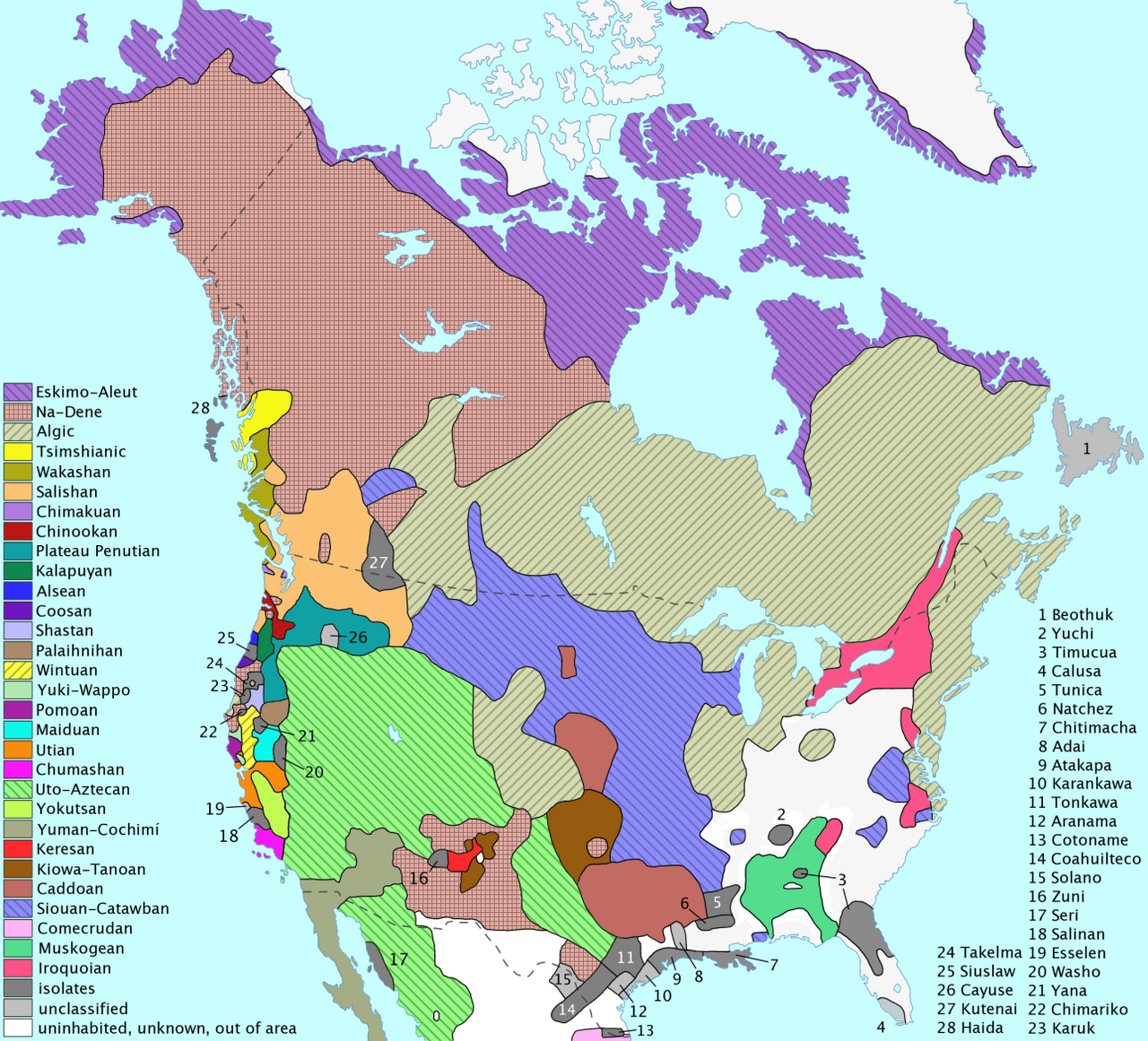 Colour-coded map of North America showing the distribution of North American language families north of Mexico