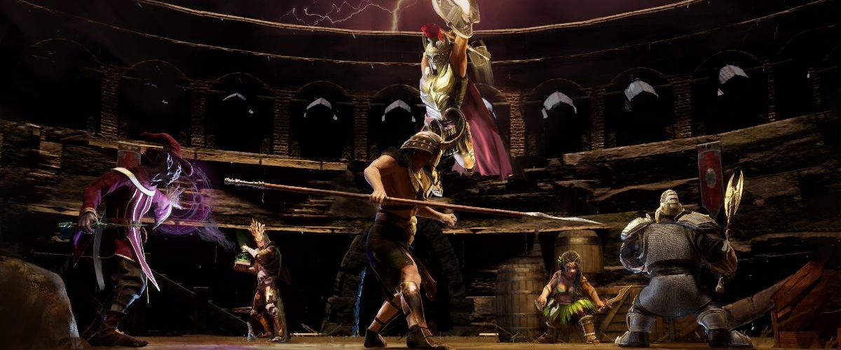 a group of characters fighting in an arena