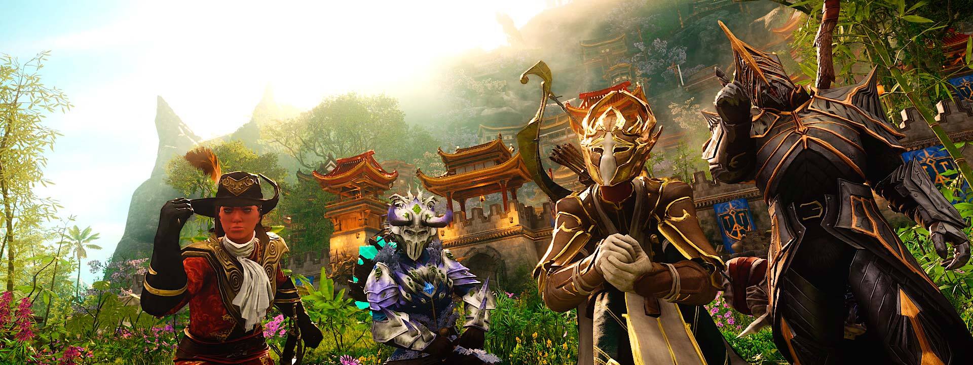 A screenshot of multiple characters in different ornate armor sets.